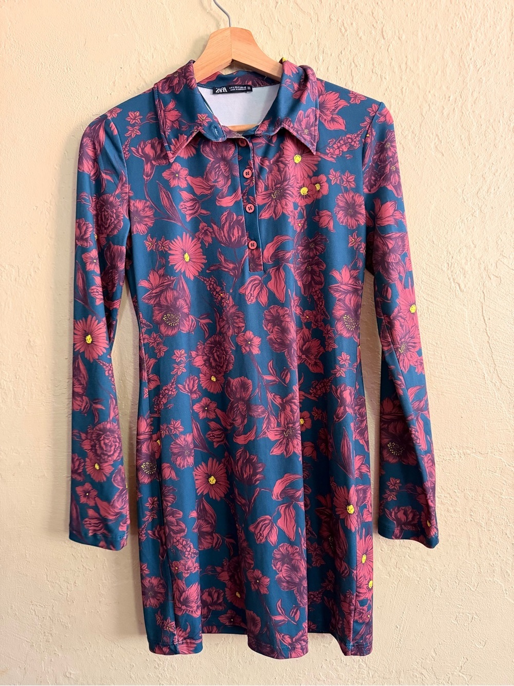 Zara Teal Mini Dress with Pink Floral Print